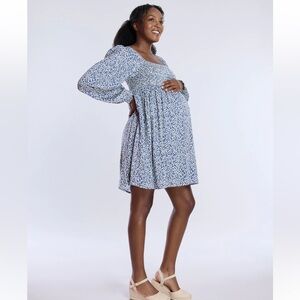 Motherhood women’s XL maternity long sleeve babydoll dress blue dot smocked